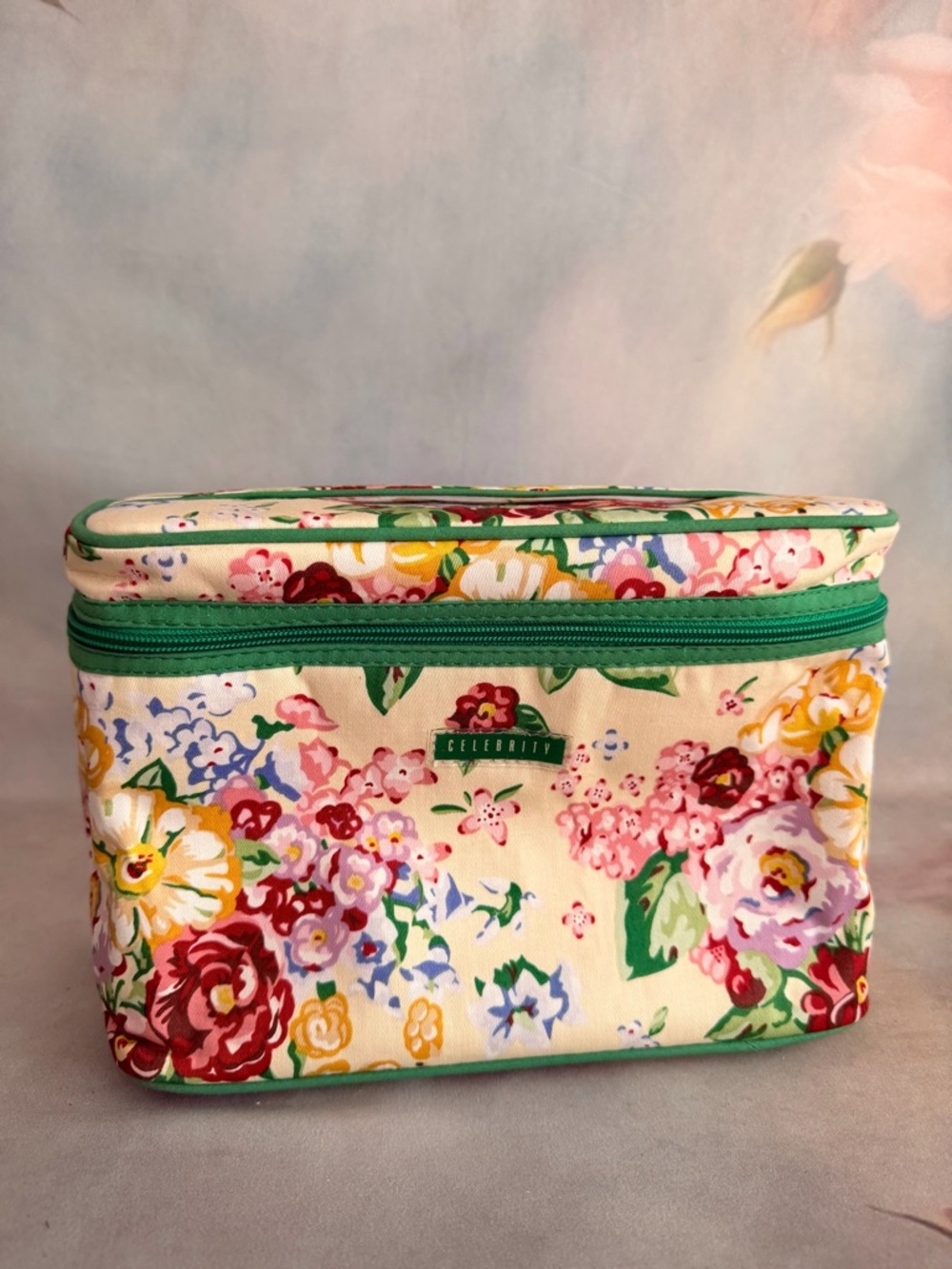 Celebrity Pink Floral Cosmetic Train Case in Cream with Green Trim